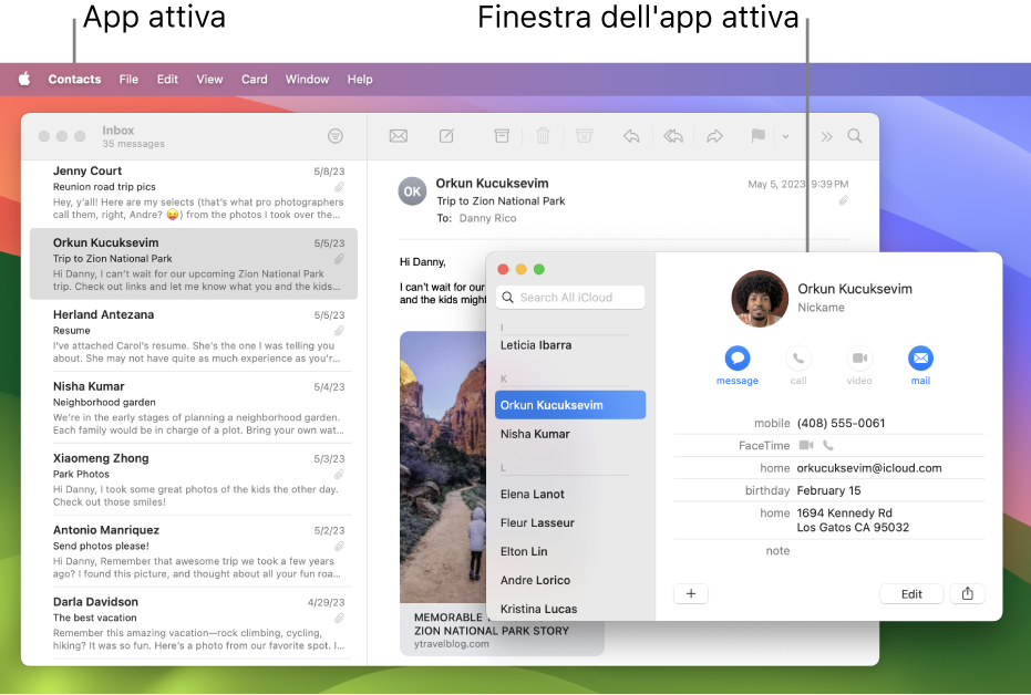 Esempio di scrivania con più finestre aperte ma una sola app attiva.