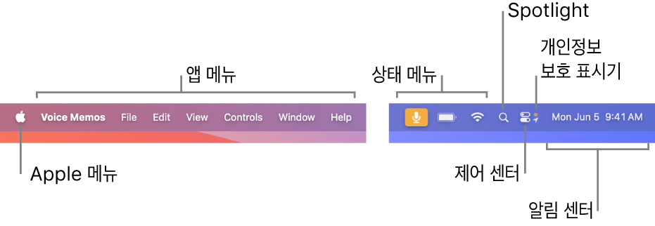 메뉴 막대. 왼쪽에 있는 Apple 메뉴와 앱 메뉴. 오른쪽에 있는 상태 메뉴, Spotlight, 제어 센터, 개인정보 보호 표시기 및 알림 센터.