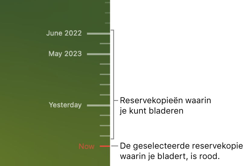 Maatstreepjes op de tijdbalk met reservekopieën. Het rode streepje geeft de reservekopie aan waarin je bladert.