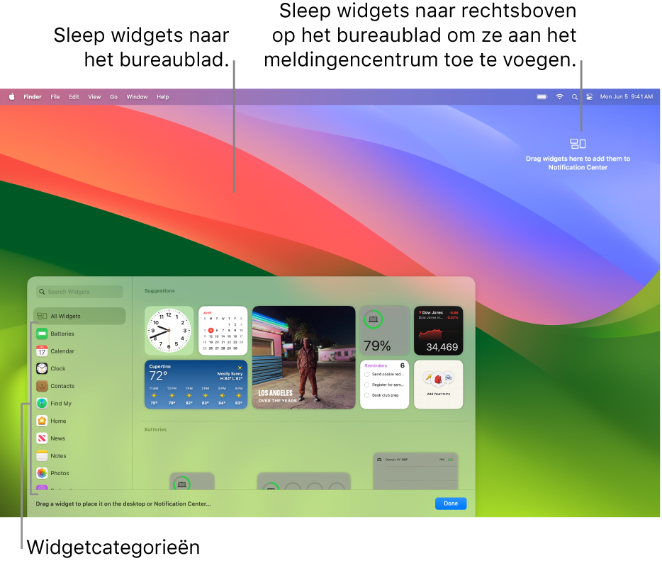 De widgetgalerie, met aan de linkerkant de lijst met widgetcategorieën en aan de rechterkant beschikbare widgets.