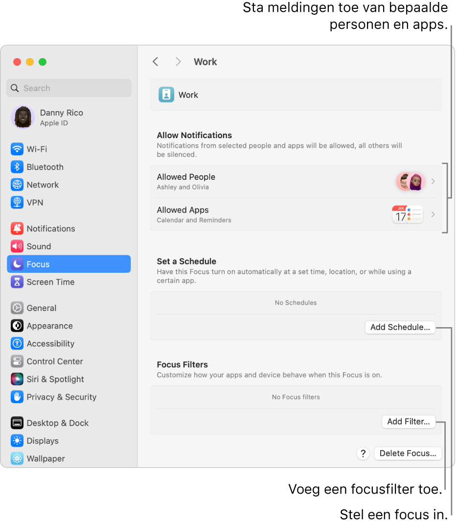 Focusinstellingen voor de focus 'Werk'. Bovenaan staat de lijst van mensen en apps waarvoor meldingen zijn toegestaan wanneer de focus 'Werk' actief is.