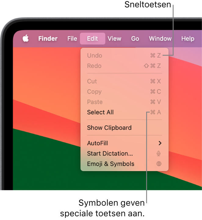 Het Wijzig-menu is geopend in de Finder. Toetscombinaties worden naast menuonderdelen weergegeven.