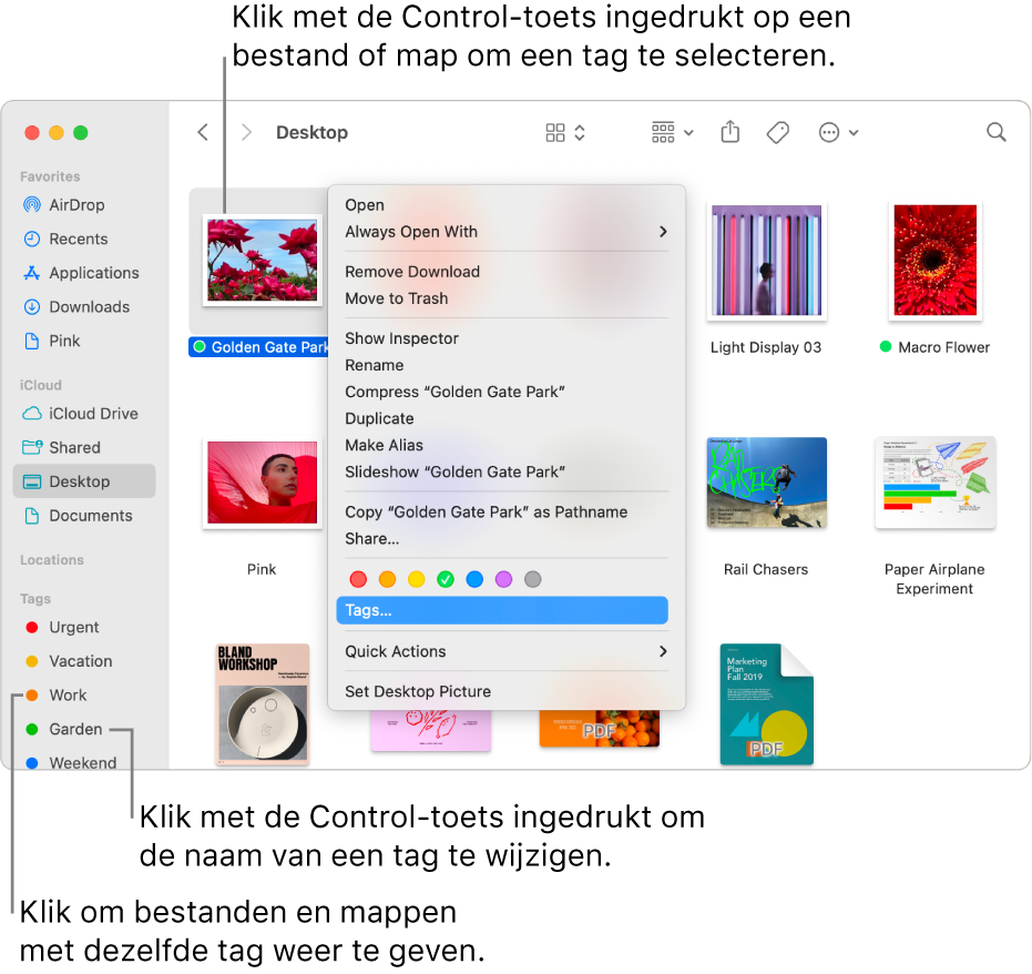 Een Finder-venster met bestanden en mappen met een tag; een bestand is geselecteerd. In het contextuele menu zijn er kleurkeuzes voor tags, en 'Tags' is gemarkeerd.