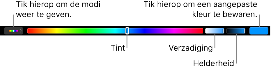 De Touch Bar met schuifknoppen voor kleurtint, kleurverzadiging en helderheid voor de HSB-modus. Uiterst links zie je de knop om alle modi weer te geven; aan de rechterkant staat de knop om een aangepaste kleur te bewaren.