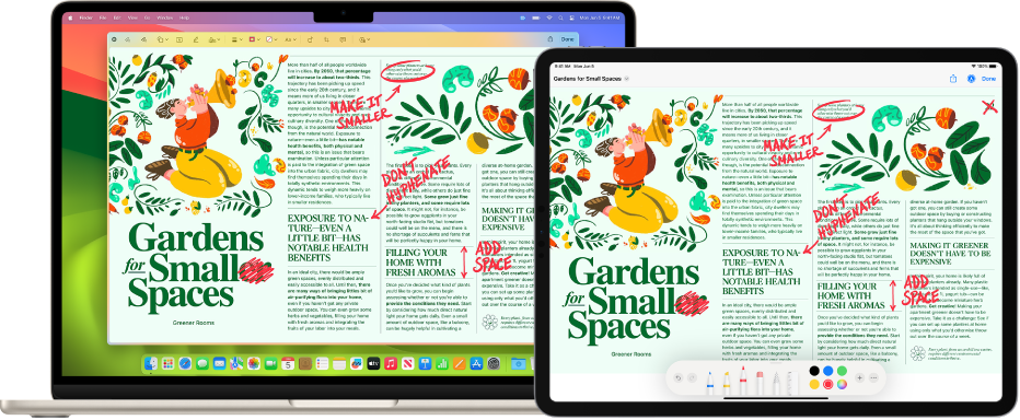 Een MacBook Air en een iPad naast elkaar. Op beide schermen wordt een artikel weergegeven met rode markeringen zoals doorgestreepte zinnen, pijlen en toegevoegde woorden. Onder in het scherm van de iPad bevinden zich ook markeringsregelaars.