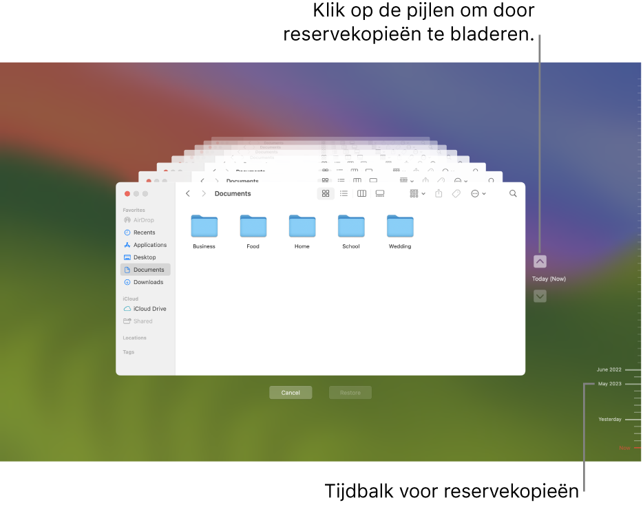 Het Time Machine-venster met meerdere gestapelde Finder-schermen die de reservekopieën voorstellen en pijlen voor de navigatie. Met de pijlen en de tijdbalk aan de rechterkant kun je door je reservekopieën bladeren en de bestanden kiezen die je wilt herstellen.