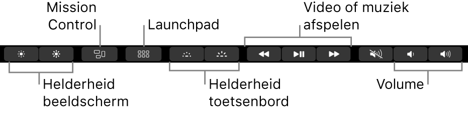 De uitgevouwen Control Strip met (van links naar rechts) knoppen voor de helderheid van het beeldscherm, Mission Control, Launchpad, de helderheid van het toetsenbord, het afspelen van video's of muziek en het regelen van het volume.