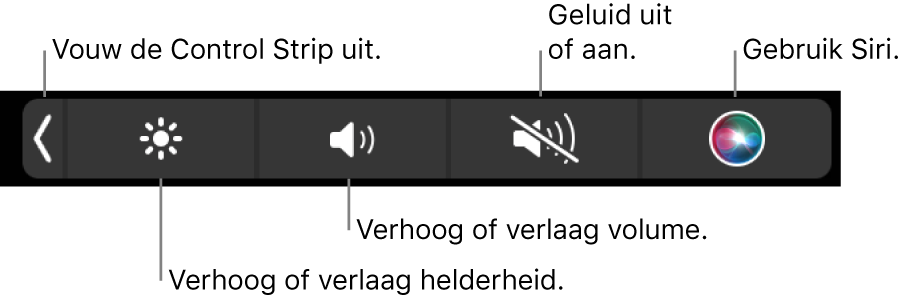 De samengevouwen Control Strip met (van links naar rechts) knoppen om de Control Strip uit te vouwen, de helderheid en het volume aan te passen, het geluid te dempen of in te schakelen en Siri te gebruiken.