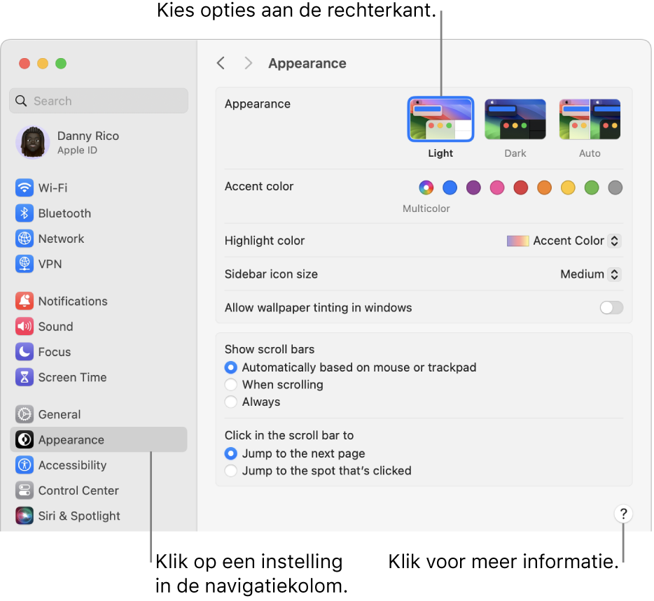 Het venster 'Systeeminstellingen' waarin de instellingen voor 'Weergave' zijn geselecteerd in de navigatiekolom. De weergaveopties worden aan de rechterkant weergegeven.