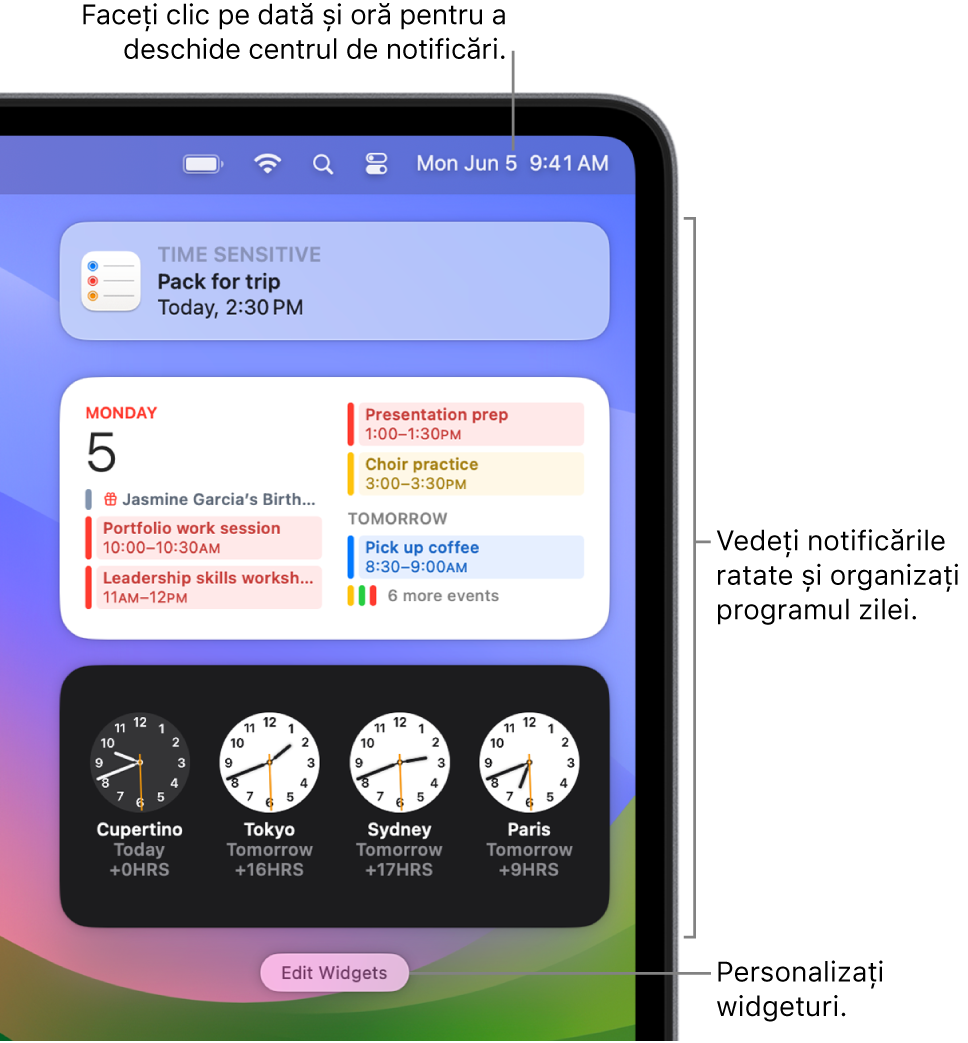 Notificări și widgeturi în centrul de notificări.