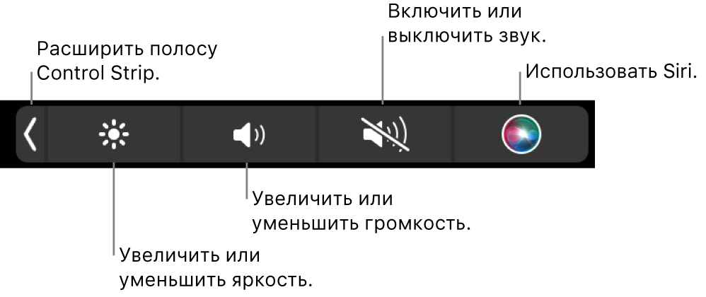 В свернутой полосе Control Strip есть следующие кнопки (слева направо): раскрытие Control Strip, увеличение и уменьшение яркости экрана и громкости, включение и выключение звука, использование Siri.