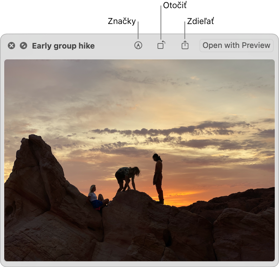 Obrázok v okne Rýchly náhľad s tlačidlami na označovanie, otáčanie alebo zdieľanie obrázka alebo na jeho otvorenie v apke Preview.