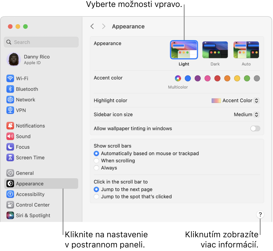 Okno Systémové nastavenia s označenými nastaveniami Vzhľad v postrannom paneli a s možnosťami Vzhľad na pravej strane.