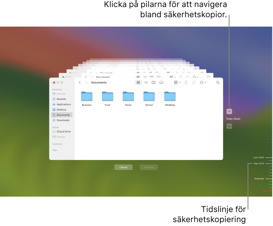 Time Machine-fönstret visar flera Finder-skärmar travade ovanpå varandra som representerar säkerhetskopieringar med pilar för navigering. Pilar och tidslinjen för säkerhetskopiering till höger hjälper dig att navigera mellan säkerhetskopiorna så att du kan välja vilka filer du vill återskapa.