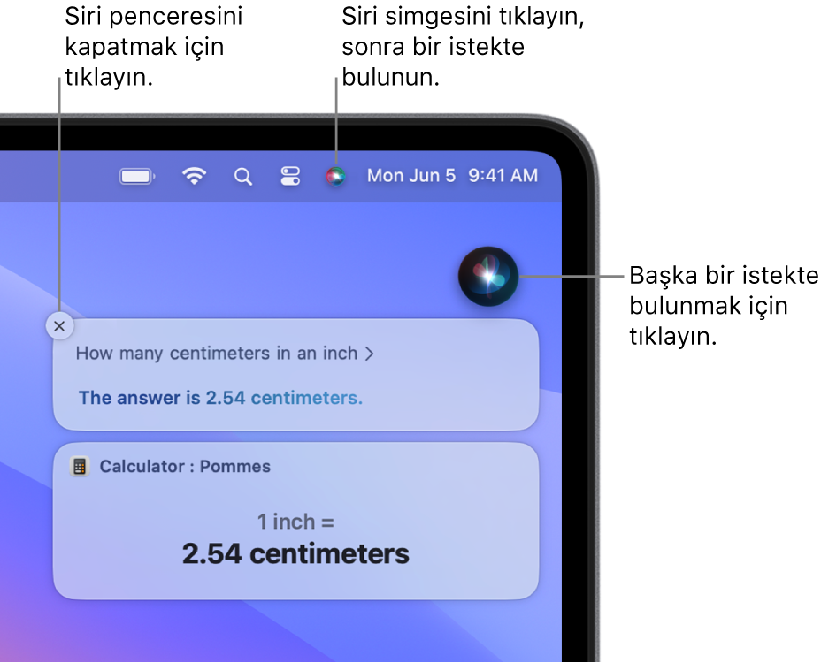 Menü çubuğunda Siri simgesini ve “Bir inç kaç santimetre” sorusu ile yanıtını (Hesap Makinesi’nden dönüştürme) içeren Siri penceresini gösteren Mac masaüstünün sağ üst bölümü. Başka bir istekte bulunmak için Siri penceresinin sağ üst bölümündeki simgeyi tıklayın. Siri penceresini kapatmak için kapatma düğmesini tıklayın.