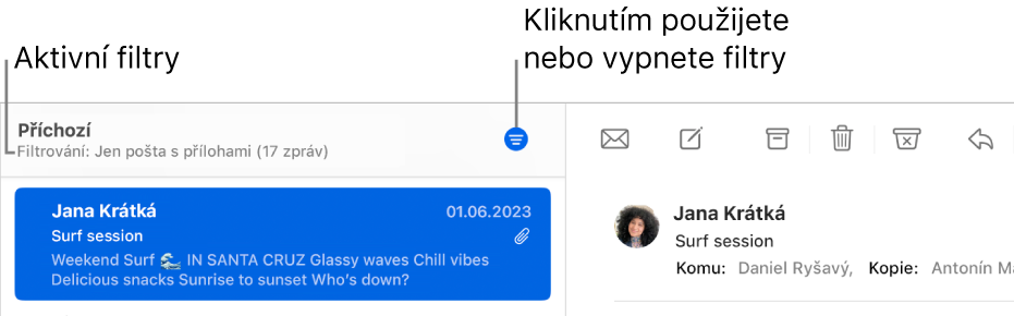 Okno Mailu s panelem nástrojů nad seznamem zpráv, kde Mail zobrazuje, které filtry jsou použity, například „Jen od VIP“