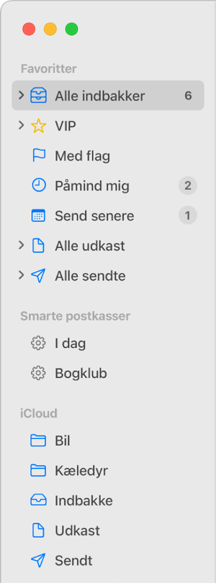 Indholdsoversigten i Mail, der viser standardpostkasser (f.eks. Indbakke og Udkast) øverst i indholdsoversigten og postkasser, du har oprettet, under På min Mac og iCloud.