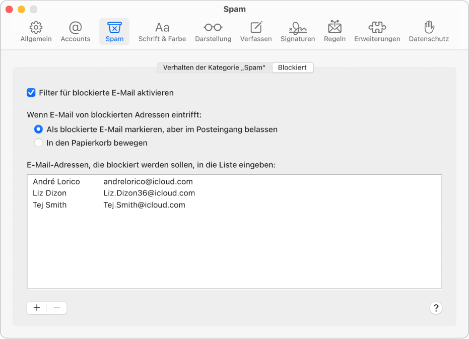 Der Bereich „Blockiert“ der Mail-Einstellungen mit einer Liste blockierter Absender. Das Markierungsfeld „Filter für blockierte E-Mail aktivieren“ und die Option „Als blockierte E-Mail markieren, aber im Posteingang belassen“ sind aktiviert.