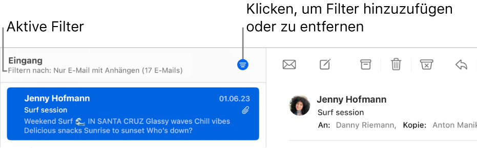 Das Fenster von Mail mit der Symbolleiste über der E-Mail-Liste, in der Mail die angewendeten Filter wie zum Beispiel „Nur von VIP“ anzeigt.