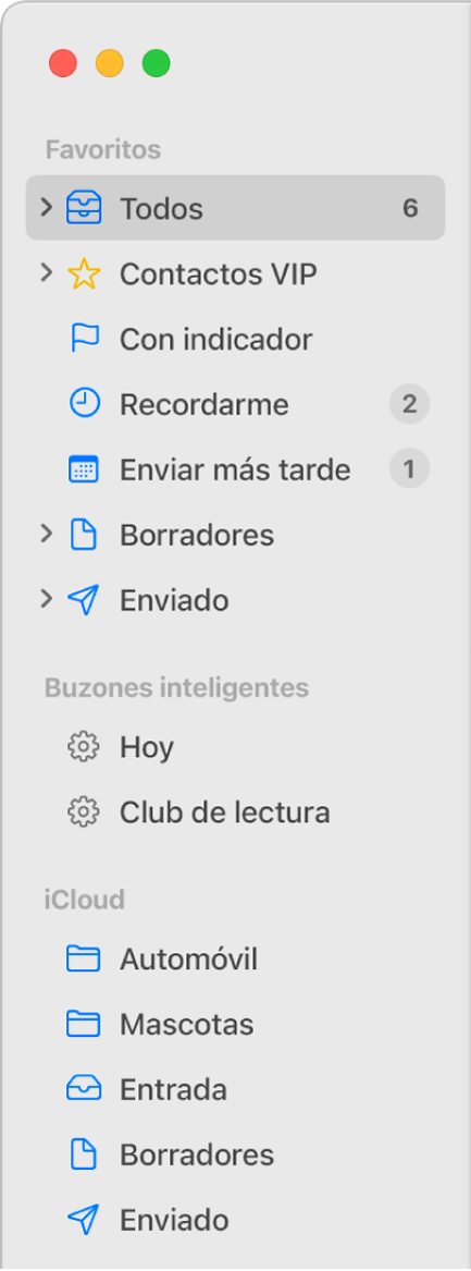 La barra lateral de Mail mostrando los buzones estándar (como Entrada y Borradores) en la parte superior de la barra lateral, y los buzones creados en las secciones En mi Mac y iCloud.