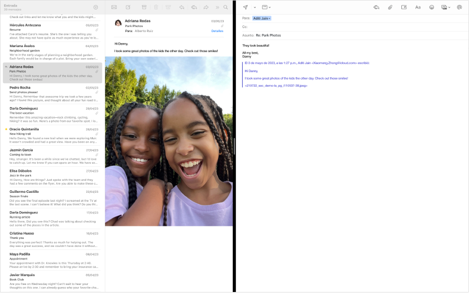 La lista de mensajes en paralelo con una ventana de redacción de Split View.