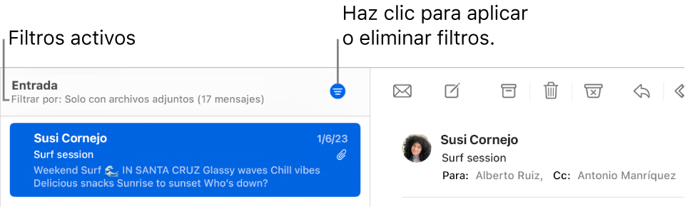 La ventana de Mail con la barra de herramientas sobre la lista de mensajes, donde Mail indica qué filtros, como “Solo de la lista VIP”, se están aplicando.