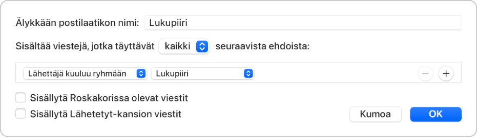 Älykäs ryhmä ‑ikkuna, jossa näkyvät Lukupiiri-nimisen ryhmän kriteerit. Ryhmällä on kaksi ehtoa. Ensimmäinen ehto on, että “Lähettäjä kuuluu ryhmään”. Toinen ehto on “Lukupiiri”.