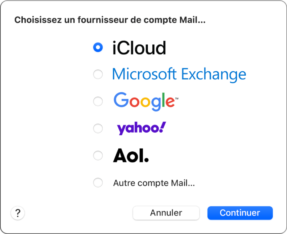 Fenêtre Mail affichant la zone de dialogue du compte.