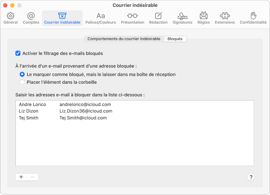 Sous-fenêtre Bloqués des réglages Mail affichant une liste des expéditeurs bloqués. La case d’activation du filtrage des e-mails bloqués est cochée, de même que l’option pour marquer les e-mails bloqués tout en les laissant dans la boîte de réception à l’arrivée.