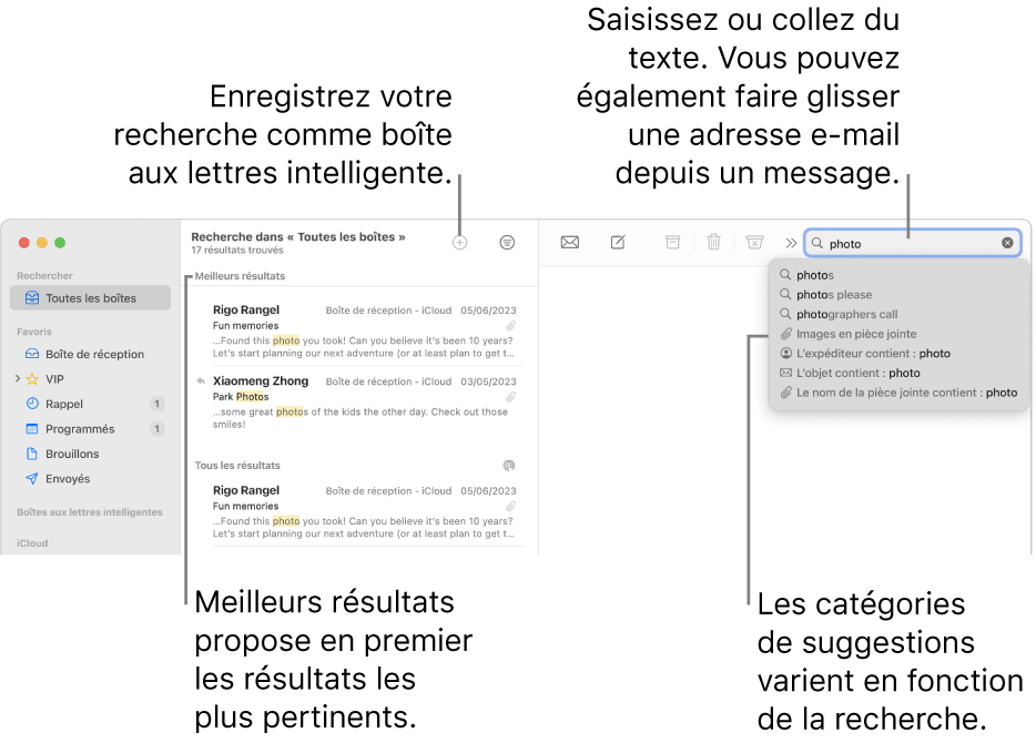 La boîte aux lettres dans laquelle vous effectuez la recherche est surlignée dans la barre de recherche. Pour rechercher une autre boîte aux lettres, cliquez sur son nom. Vous pouvez saisir du texte ou en copier dans le champ de recherche, vous pouvez également faire glisser une adresse e-mail depuis un message. Au fil de la saisie, des suggestions s’affichent sous le champ de recherche. Elles sont organisées par catégorie, telles qu’Objet ou Pièces jointes, selon votre recherche. Meilleurs résultats affiche d’abord les résultats les plus pertinents.