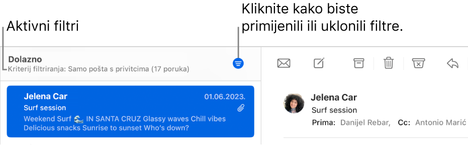 Prozor aplikacije Mail koji prikazuje alatnu traku poviše popisa poruka gdje Mail navodite koji su filtri primijenjeni, na primjer kao “Samo od VIP-a”.