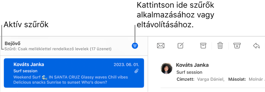 A Mail ablaka az eszközsávval az üzenetlista felett; a Mail megjeleníti, hogy mely szűrők vannak érvényben, például „Csak VIP-től”.