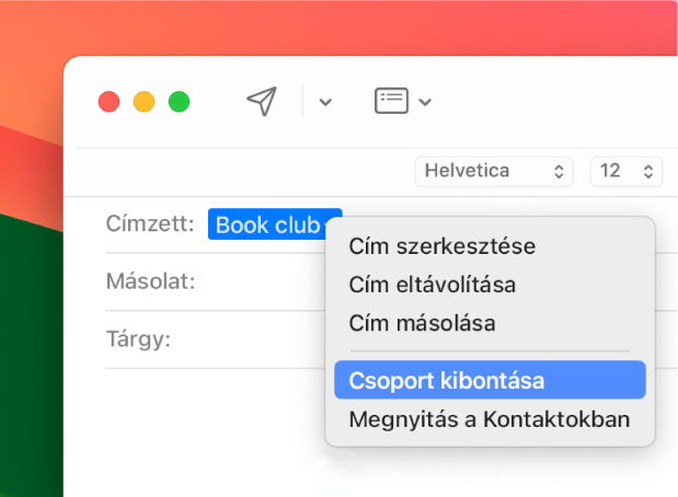 E-mail; a Címzett mezőben lista látható, és az előugró menüben pedig a Csoport kibontása parancs.