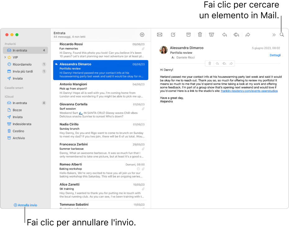 Finestra di Mail con la barra laterale sulla sinistra. Il pulsante “Annulla invio” è alla fine della barra laterale.