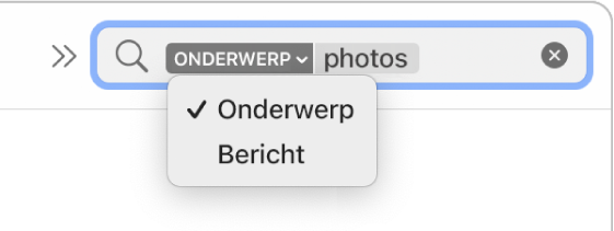 Een zoekfilter waarbij op de pijl-omlaag is geklikt om twee opties weer te geven: 'Onderwerp' en 'Geheel bericht'. 'Onderwerp' is geselecteerd.