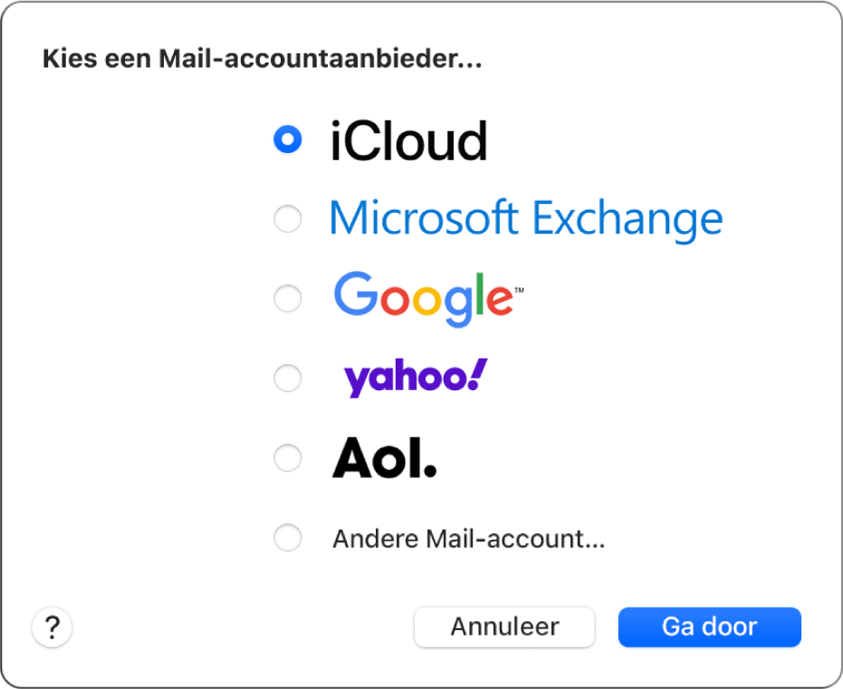 Mail-venster met het dialoogvenster voor een account.