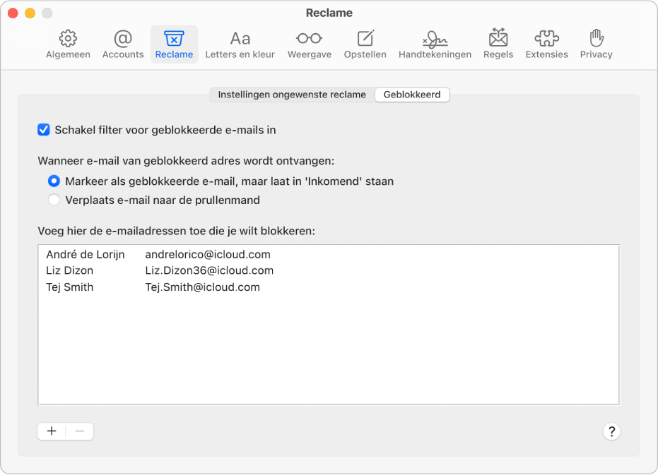 Het paneel 'Geblokkeerd' in de instellingen voor Mail met een lijst met geblokkeerde afzenders. De optie voor het filteren van geblokkeerde e‑mail is ingeschakeld, evenals de optie waarmee geblokkeerde e‑mail gemarkeerd wordt, maar na bezorging in 'Inkomend' blijft staan.