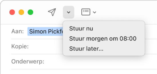 Een menu in het berichtvenster met verschillende opties voor het versturen van e‑mails: 'Stuur nu', 'Stuur morgen om 08.00 uur' en 'Stuur later'.