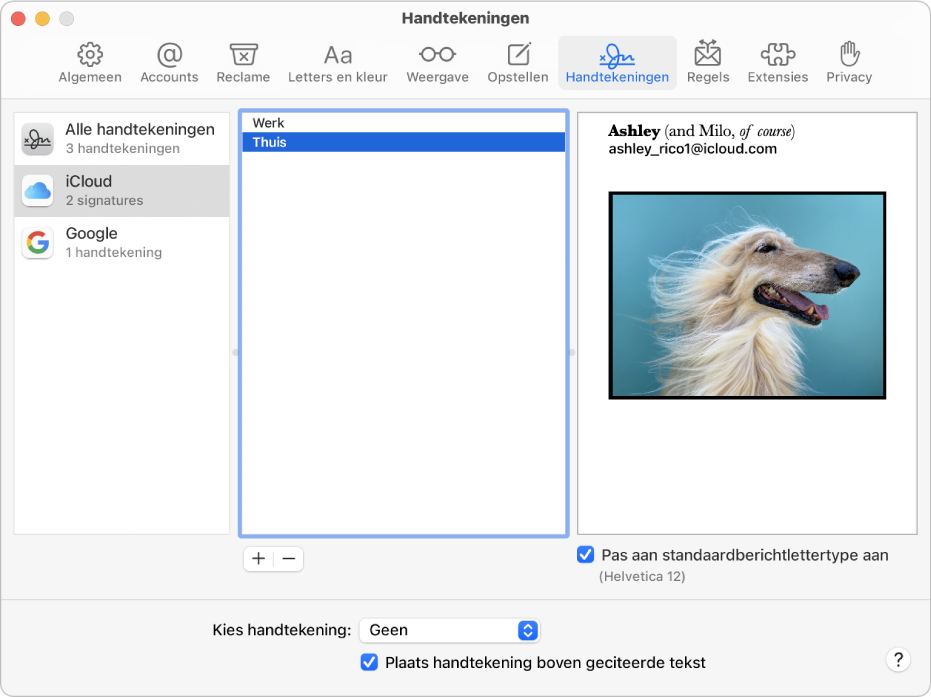 Het paneel 'Handtekeningen' in de instellingen voor Mail met een handtekening die bestaat uit opgemaakte tekst en een afbeelding.