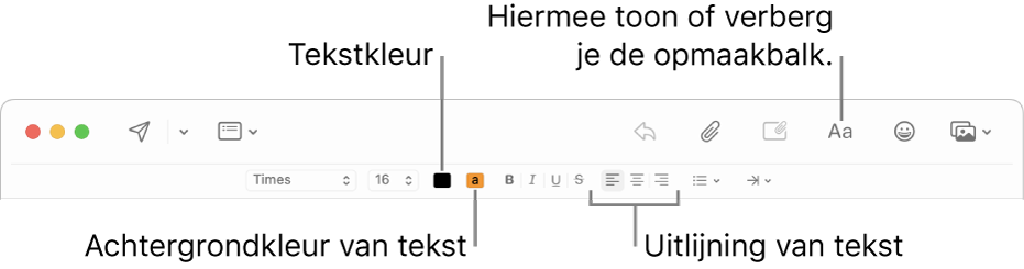 De knoppenbalk en opmaakbalk in een venster voor het opstellen van een bericht, met de knoppen voor tekstkleur, achtergrondkleur van tekst en tekstuitlijning.