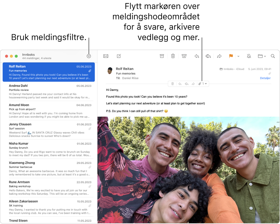 Mail-vinduet. Klikk på Filter-knappen i verktøylinjen for å bruke meldingsfiltre. Du kan vise knapper for å svare, arkivere vedlegg og mer ved å flytte markøren over meldingshodedelen av en melding.