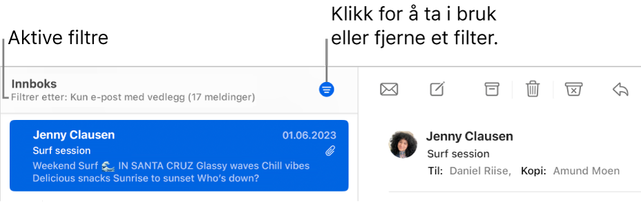 Mail-vinduet, som viser verktøylinjen over meldingslisten, der Mail angir hvilke filtre som er aktivert, for eksempel «Kun fra VIP-er».