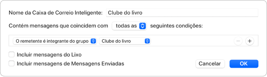 Janela do Grupo Inteligente mostrando os critérios de um grupo chamado “Clube do livro”. O grupo possui duas condições. A primeira condição é “Remetente é membro do grupo”. A segunda condição é “Clube do livro”.