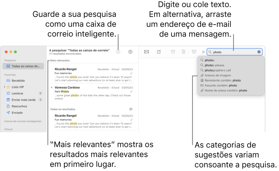 A caixa de correio a ser pesquisada está realçada na barra de pesquisa. Para pesquisar noutra caixa de correio, clique no respetivo nome. Pode digitar ou colar texto no campo de pesquisa, ou arrastar um endereço de e‑mail de uma mensagem. À medida que digira, são apresentadas sugestões por baixo do campo de pesquisa. Estas estão organizadas por categorias, como Assunto ou Anexos, conforme o texto da pesquisa. A funcionalidade “Mais relevantes” apresenta primeiro os resultados mais relevantes.