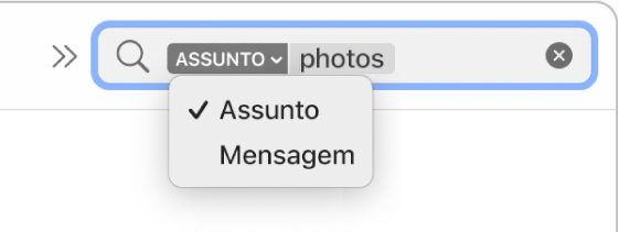 Um filtro de pesquisa mostra duas opções após um clique na seta para baixo: “Assunto” e “Mensagem completa”. Está selecionada a opção “Assunto”.