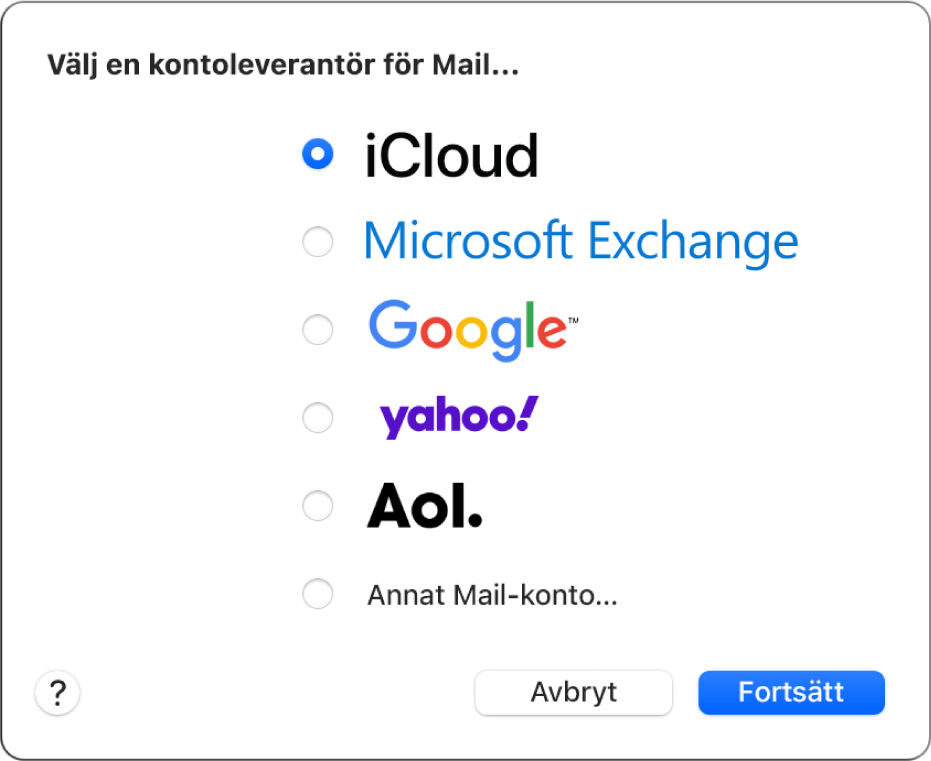 Ett Mail-fönster som visar kontodialogen.