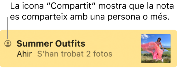 Una nota que s’ha compartit amb altres persones, amb la icona de compartit a l’esquerra del nom de la nota.