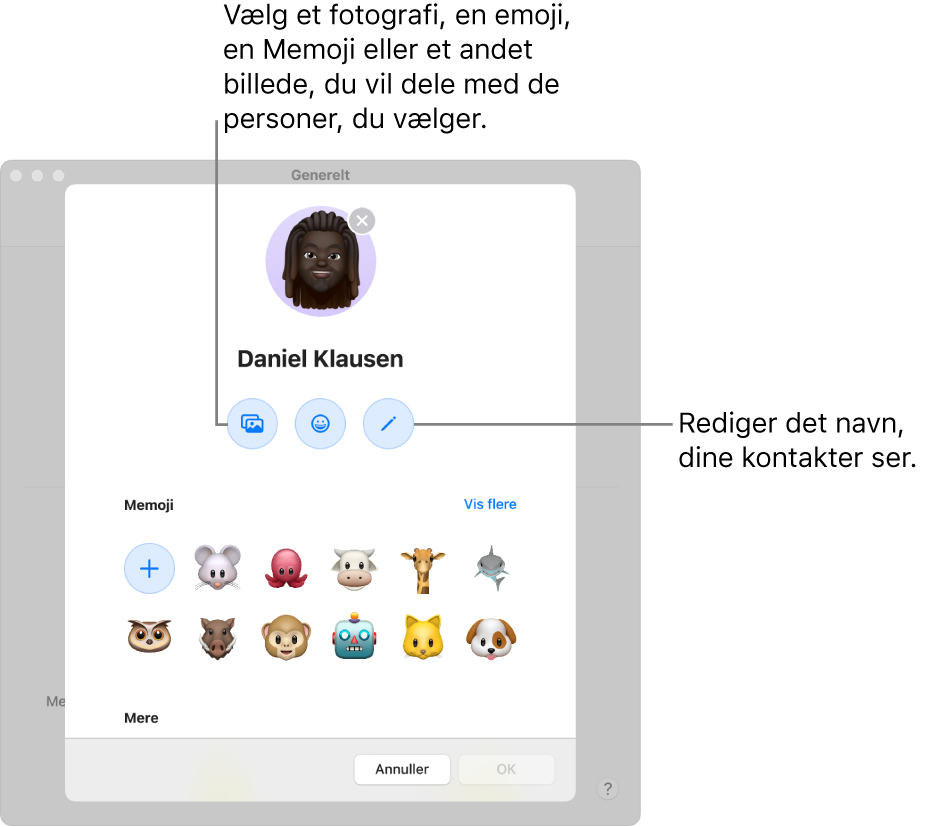 Dialogen Deling af navn og foto, hvor du kan redigere navne på dine kontakter og se og vælge et foto, en emoji, en Memoji eller et andet billede.