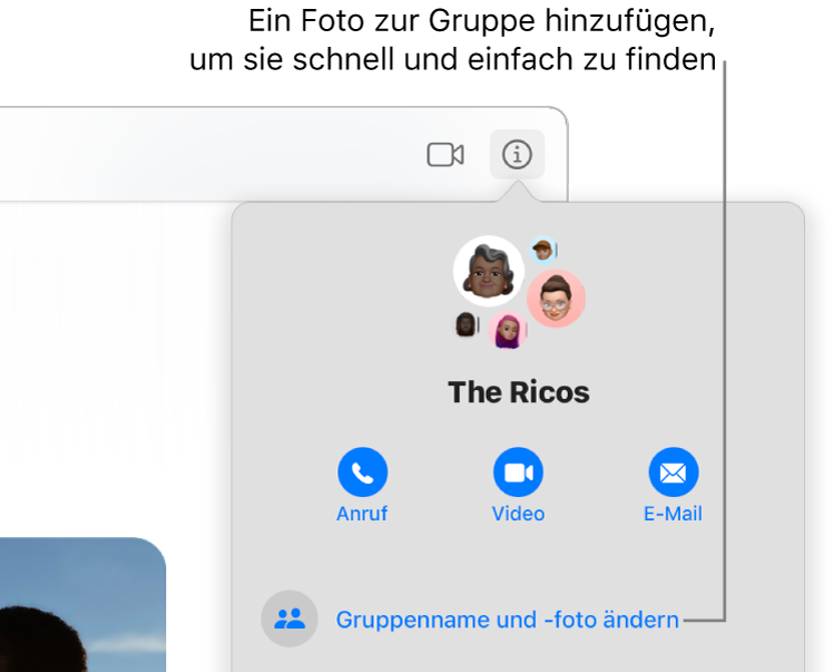 Die Darstellung „Info“ einer Gruppenkonversation, die erscheint, nachdem du in einer Konversation auf die Taste „Info“ geklickt hast, zeigt Symbole der Mitglieder der Gruppe und den Gruppennamen. Unter dem Gruppennamen sind Tasten, um einen Audio- oder FaceTime-Videoanruf zu tätigen oder eine E-Mail an die Gruppe zu schreiben. Darunter befindet sich die Taste zum Ändern des Gruppennamens und -fotos.