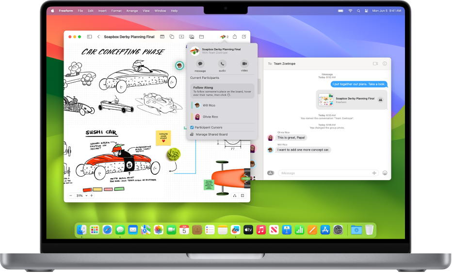 The Mac desktop with two windows open: the Freeform window with a shared board and options for collaboration, and the Messages app with a conversation showing the same shared board.